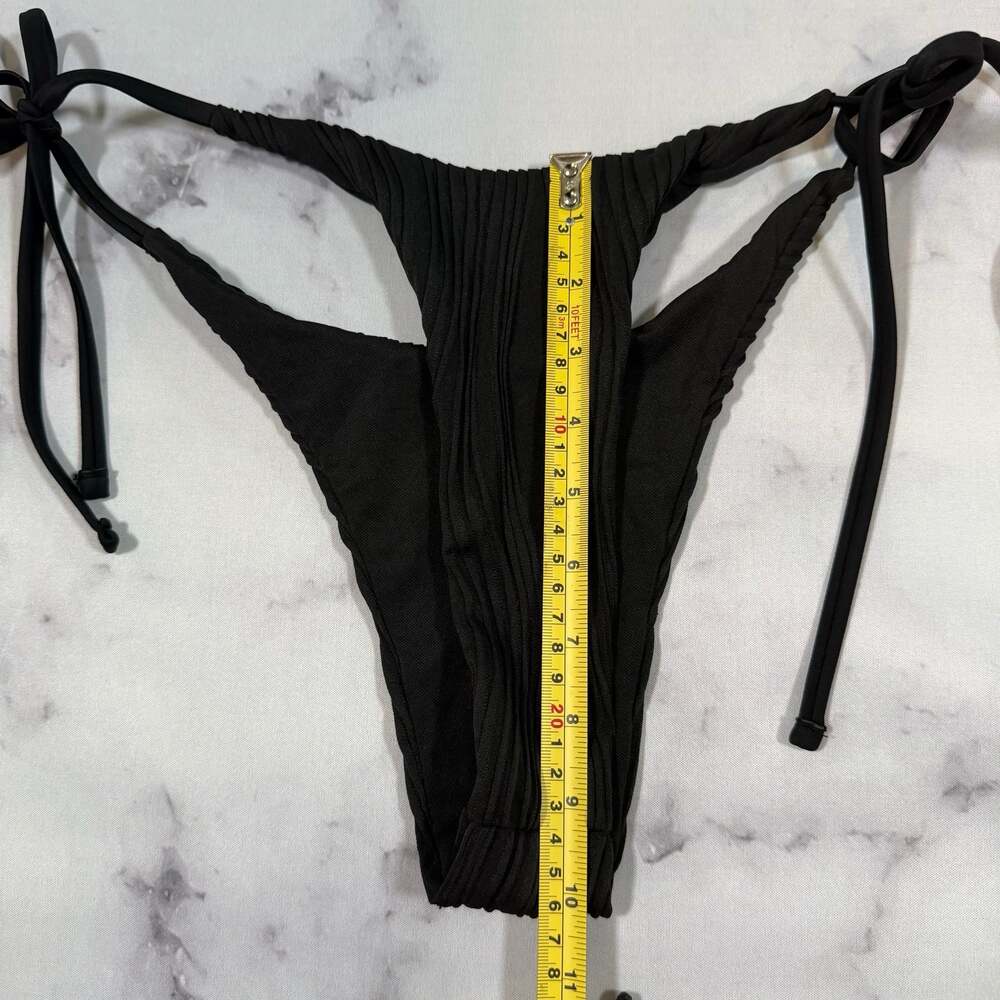 Black Ribbed Triangle String Bikini Two-Piece Cheeky Set Small - Picture 7 of 9